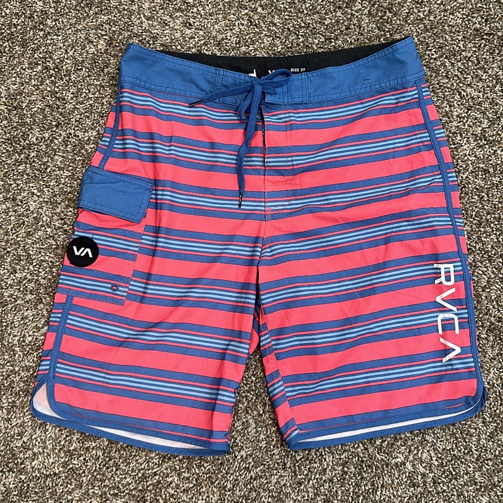 RVCA Blue and Pink Board Shorts with Striped Design